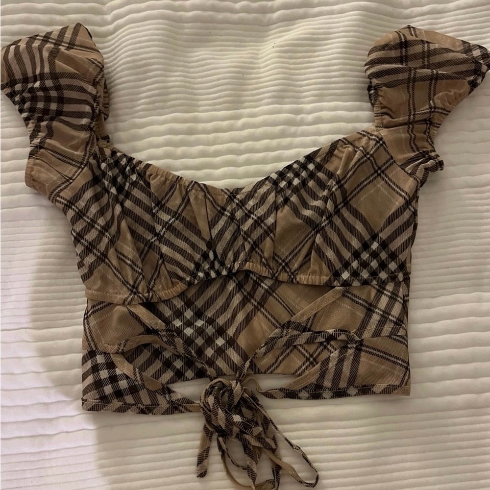 Tiger Mist Brown & Black Plaid Tie-Back Crop Top
